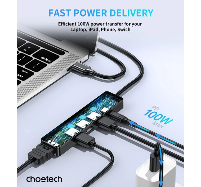 Choetech Адаптер Choetech HUB-M80-BK, USB Type-C 5-в-1