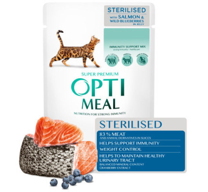 Вологий корм для кішок Optimeal для стерилізованих/кастрованих з лососем та чорницею в желе 85 г (4820269140141)