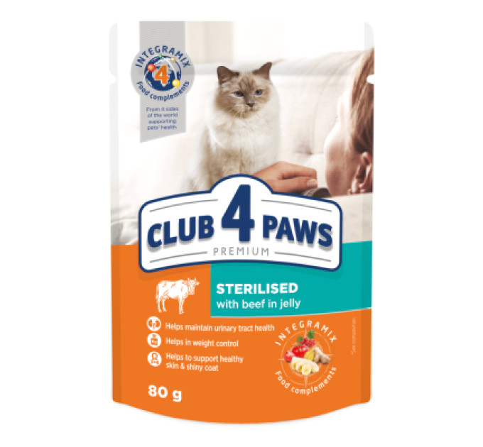 Вологий корм для кішок Club 4 Paws для стерилізованих з яловичиною в желе 80 г (4820215367585)