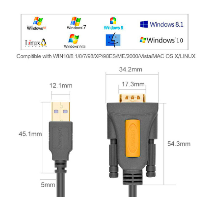 Кабель для передачі даних USB to COM M 2.0m DB9 RS-232 CR104 black Ugreen (20222)