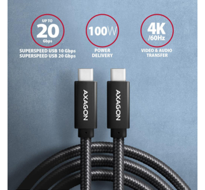 AXAGON Дата кабель USB-C to USB-C 2.0m USB 3.2 Gen 2 PD 100W 5A 4K black AXAGON (BUCM32-CM20AB)