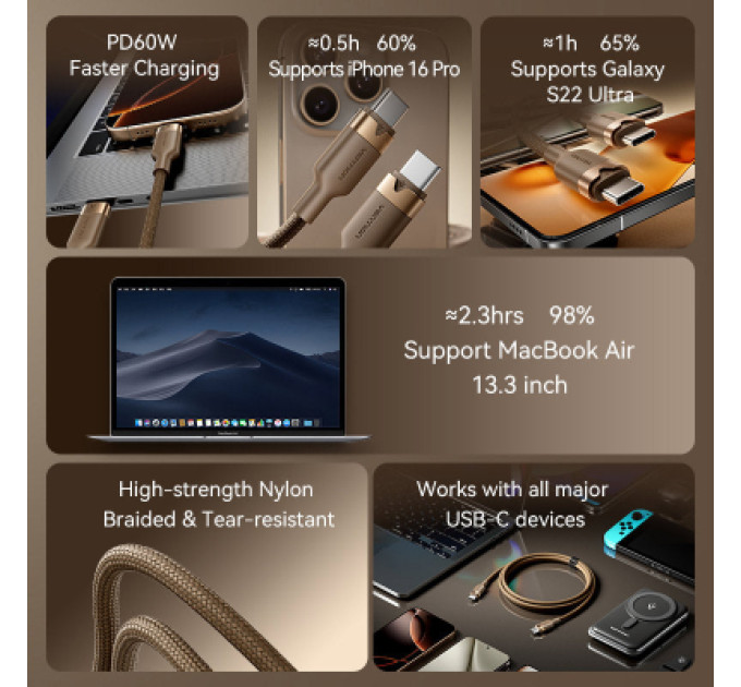 Дата кабель USB 2.0 Type-C Male to Type-C Male 3A Cable 1M Gold Aluminum Alloy Type VENTION (TRDJF)