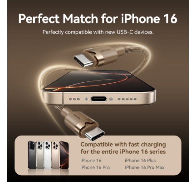 Дата кабель USB 2.0 Type-C Male to Type-C Male 3A Cable 1M Gold Aluminum Alloy Type VENTION (TRDJF)