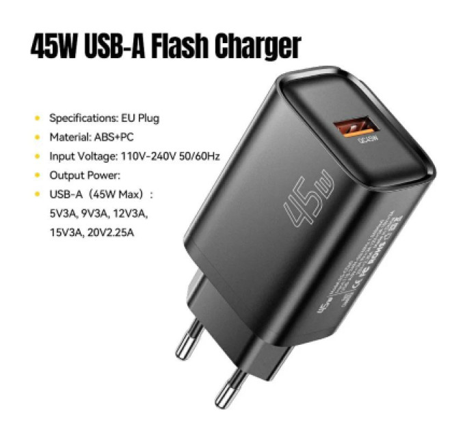 Essager Зарядний пристрій Essager USB-A QC3.0 45W black (ECT45W-RPB01-Z)
