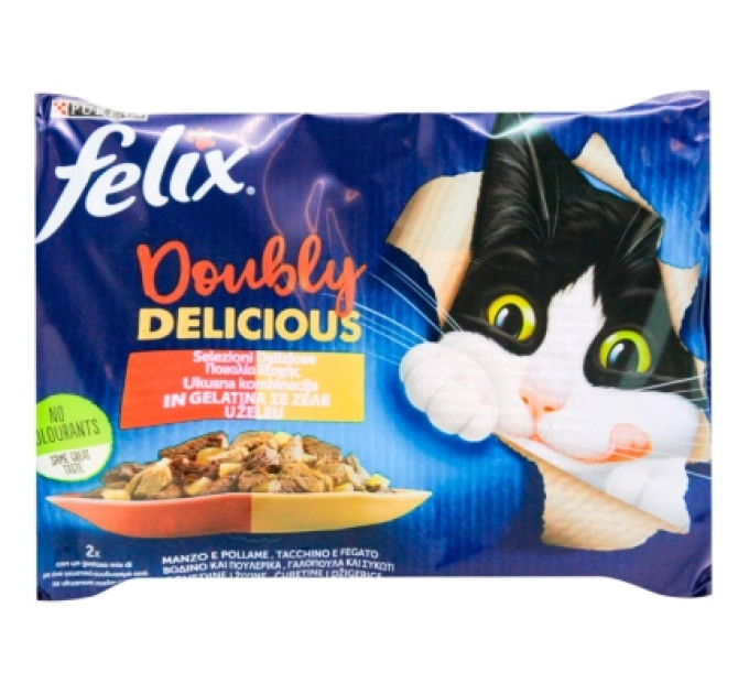 Purina Felix Вологий корм для кішок Purina Felix Doubly Delicious з індичкою, печінкою, яловичиною та птицею 4х85 г (7613287487612)