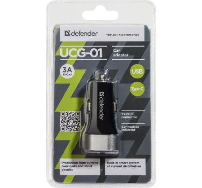 Defender Зарядний пристрій Defender UCG-01 авто, 1 порт USB + TypeC, 5V / 5.4A (83569)