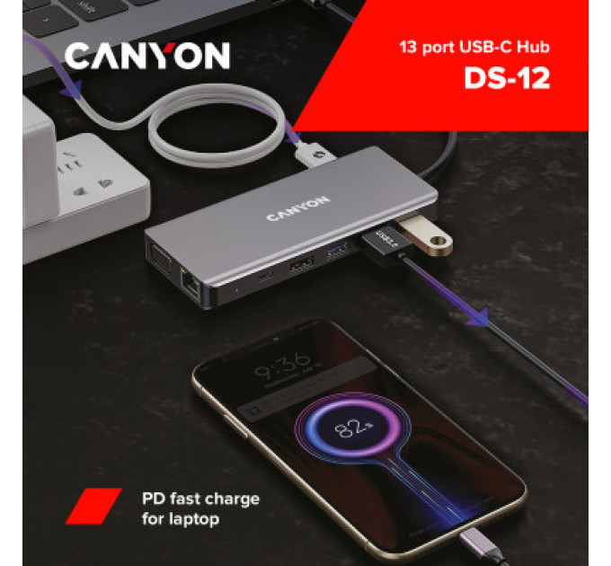 Порт-реплікатор Canyon DS-12, 13 in 1 USB-C hub, 2*HDMI, Gigabit Ethernet, VGA, 3*USB3.0, PD/100W, 3.5mm audio jack (CNS-TDS12)