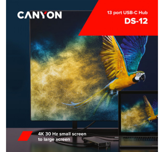 Порт-реплікатор Canyon DS-12, 13 in 1 USB-C hub, 2*HDMI, Gigabit Ethernet, VGA, 3*USB3.0, PD/100W, 3.5mm audio jack (CNS-TDS12)