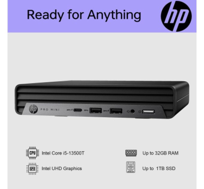 HP Комп'ютер HP Pro 400 G9 Mini / i3-13100T, 8, 512, WiFi, кл+м (885G3EA)