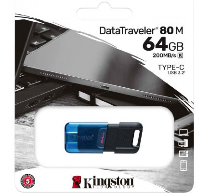 USB флеш накопичувач Kingston 64GB DataTraveler 80 M USB-C 3.2 Blue/Black (DT80M/64GB)