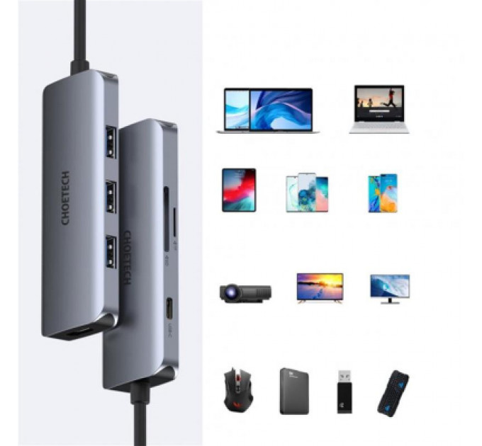 Концентратор Choetech USB-C 7-in-1 (HDMI/PD/CR/USB-A/USB-C) alum (HUB-M19-GY)