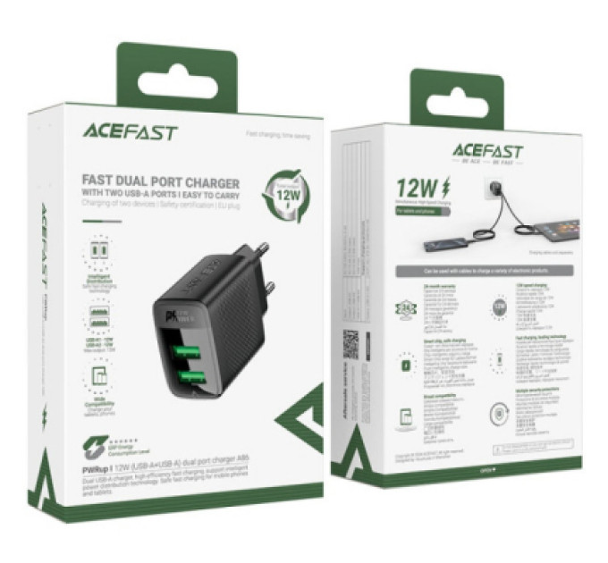 Acefast Зарядний пристрій Acefast 2xUSB 12W A86 black (6974316283270)