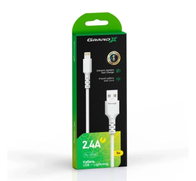 Grand-X Дата кабель USB 2.0 AM to Lightning 1.0m 2.4A white Grand-X (PL-05W)