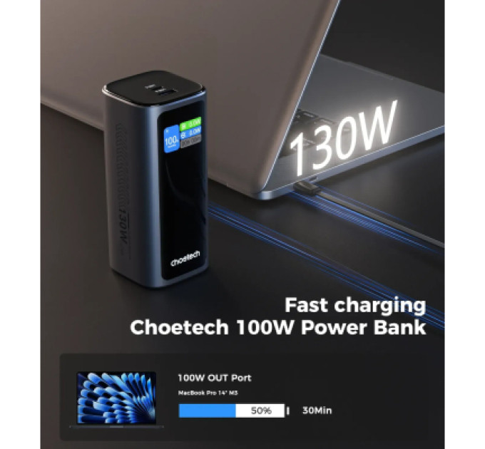 Choetech Батарея універсальна Choetech 20000mAh, PD/130W, QC, AFC , TFT, pass-through charging (B815C)