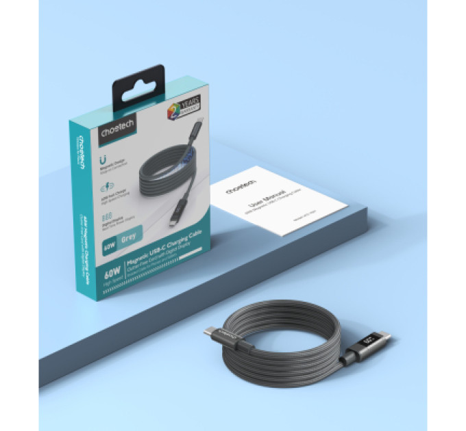 Choetech Дата кабель USB-C to USB-C 1.2m PD60W magnetic digital display nylon gray Choetech (XCC-1067-GY)