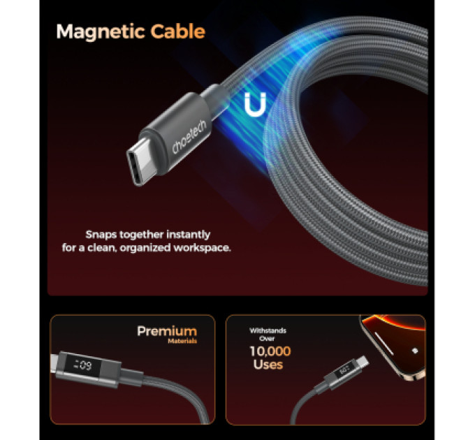 Choetech Дата кабель USB-C to USB-C 1.2m PD60W magnetic digital display nylon gray Choetech (XCC-1067-GY)