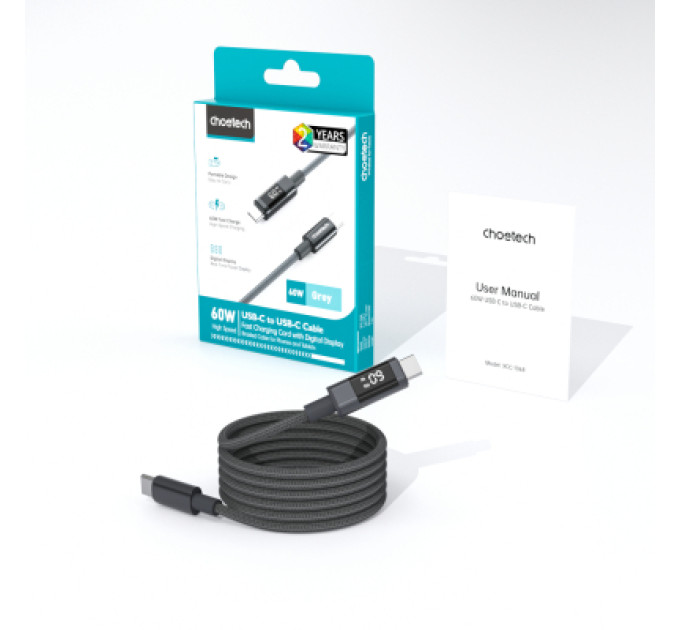 Choetech Дата кабель USB-C to USB-C 1.2m PD60W digital display nylon gray Choetech (XCC-1068-GY)