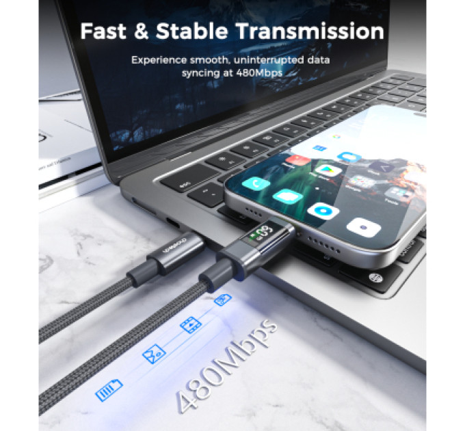Choetech Дата кабель USB-C to USB-C 1.2m PD60W digital display nylon gray Choetech (XCC-1068-GY)