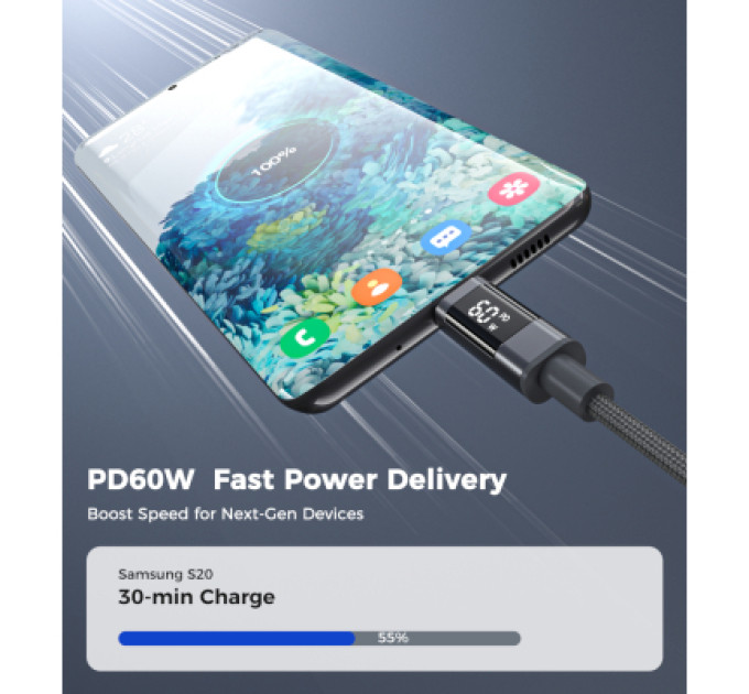 Choetech Дата кабель USB-C to USB-C 1.2m PD60W digital display nylon gray Choetech (XCC-1068-GY)
