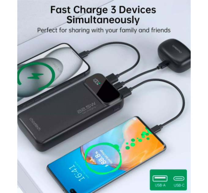 Choetech Батарея універсальна Choetech 20000mAh, PD/22.5W, QC/3.0, AFC Samsung, LED (B729)