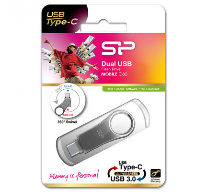 USB флеш накопичувач Silicon Power 128 GB DriveMobile C80 USB 3.1 + Type-C Silver (SP128GBUC3C80V1S)