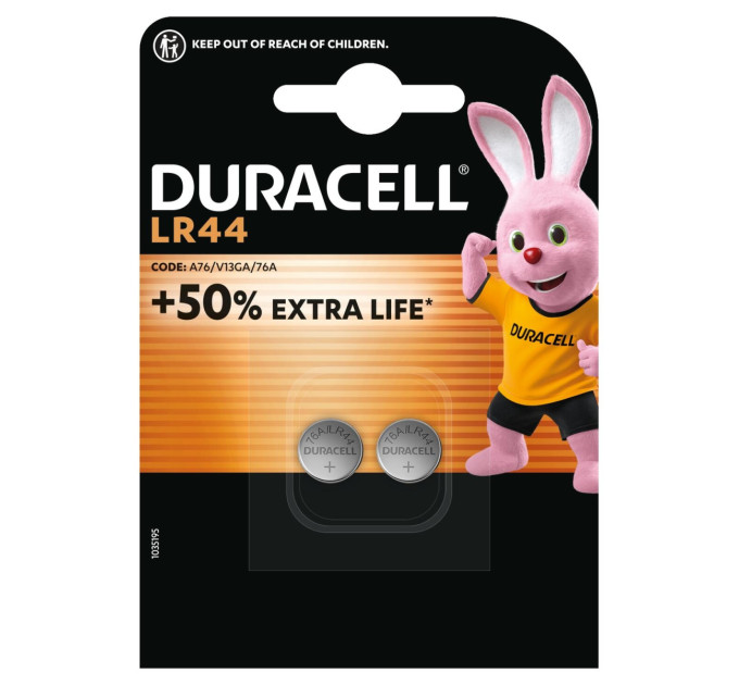Duracell Спеціалізована лужна батарейка типу «таблетка» Duracell LR44 1,5V, (76A / A76 / V13GA), призначена для використання в іграшках, калькуляторах і вимірювальних пристроях, 2 шт. в упаковці