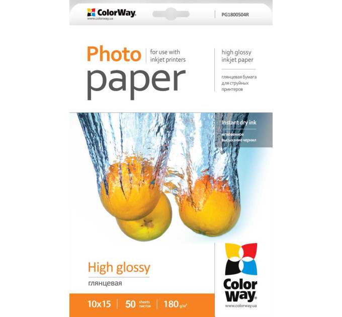 Фотопапір ColorWay глянцевий 180г/м, 10x15 (PG1800504R)