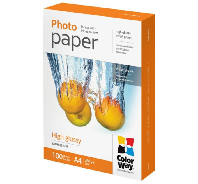 Фотопапір  ColorWay A4 260г glossy 100ст, карт.уп. (PG260100A4)