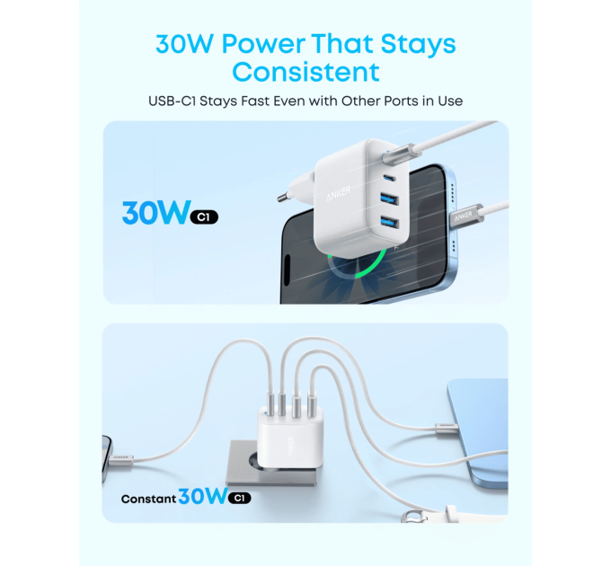 Anker Мережевий зарядний пристрій  ANKER Zolo Charger - 50W, 2xUSB-C & 2xUSB-A (Біла)