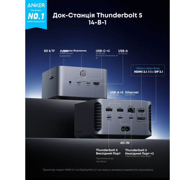 Anker Зарядний пристрій Anker Prime Docking Station 14-in-1, 8K, Thunderbolt 5 Black (A83B53A1)