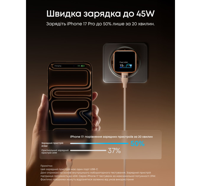 Anker Мережевий зарядний пристрій  ANKER Nano Charger - 45W USB-C Smart Display (Синій)