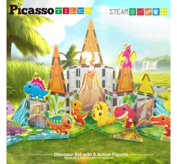 Picasso Настільна гра Picasso магнітний Tiles Dinosaur Set з 8 фігурками динозаврів 38 деталей (817338028848)