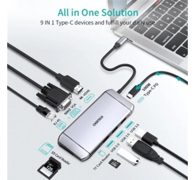 Концентратор Choetech USB-C 9-in-1 (HUB-M15-GY)