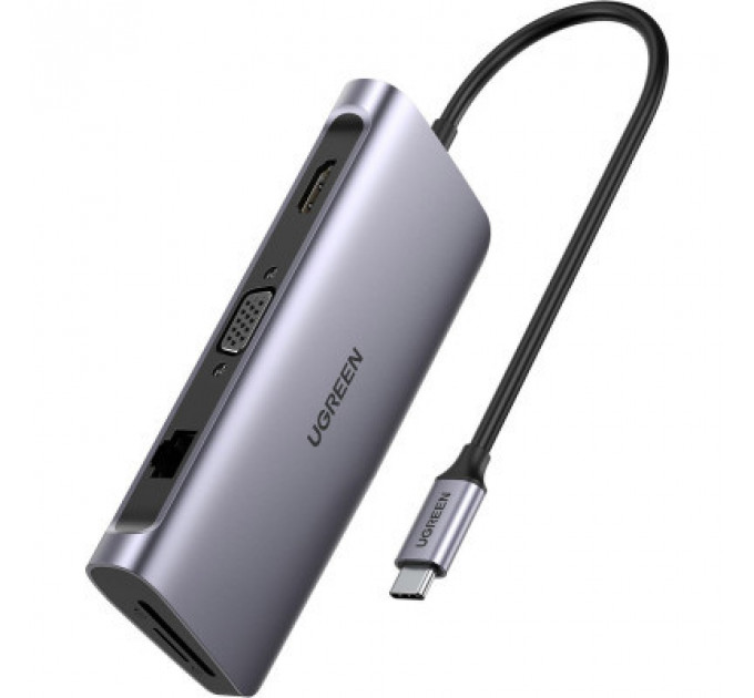 Концентратор Ugreen USB3.0 Type-C to USB 3.0x3/HDMI/VGA/RJ45/SDTF/PD CM179 gray (40873)