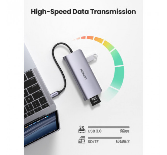 Концентратор Ugreen USB3.0 Type-C to USB 3.0x3/HDMI/VGA/RJ45/SDTF/PD CM179 gray (40873)