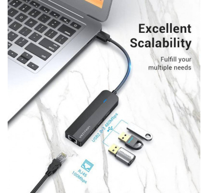Концентратор Vention USB 2.0 to 3хUSB 2.0 + RJ45 100M Ethernet (CHPBB)
