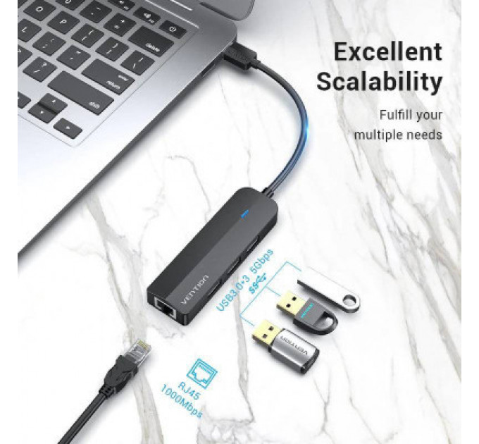 Концентратор Vention USB 3.0 to 3хUSB 3.0/RJ45 Gigabit black (CHNBB)