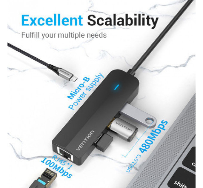 Концентратор Vention USB 3.1 Type-C to 3xUSB 2.0+MicroUSB+RJ45 100M Ethernet black (TGOBB)