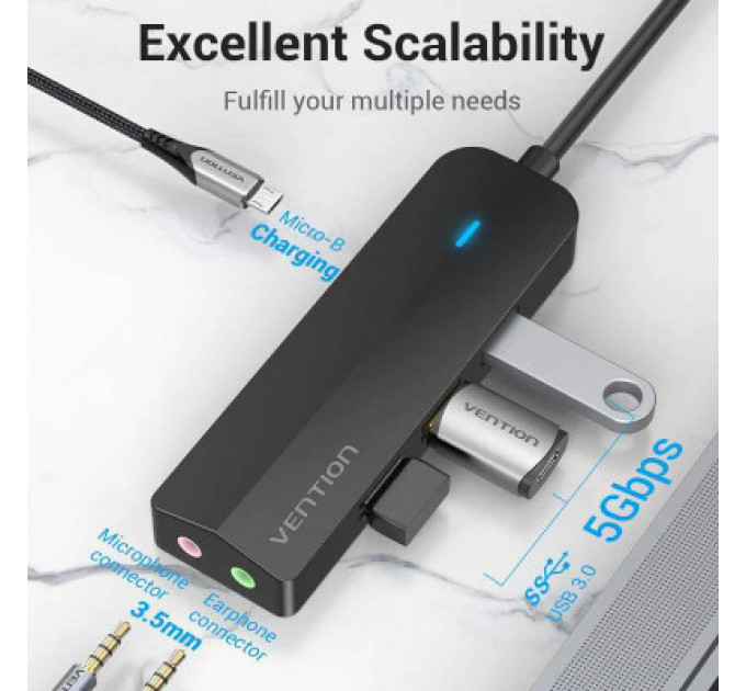 Концентратор Vention USB 3.1 Type-C to 3xUSB 3.0+MicroUSB+3.5mm Sound Adapter black (TGQBB)