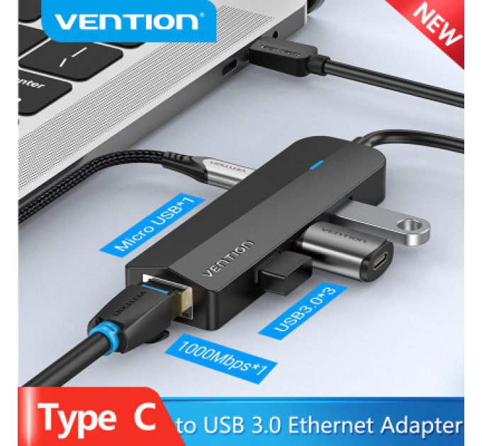 Концентратор Vention USB 3.1 Type-C to 3xUSB 3.0+MicroUSB+RJ45 100M Ethernet black (TGPBB)