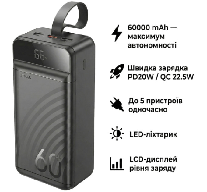 HOCO Батарея універсальна HOCO 60000mAh Element PD/20W, QC/22.5W, LED Lamp, Black (J123C / 714736)