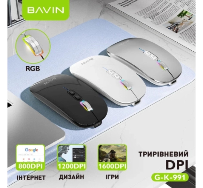 BAVIN Мишка BAVIN G-K-991 RGB Wireless/Bluetooth Black (G-K-991-BK)