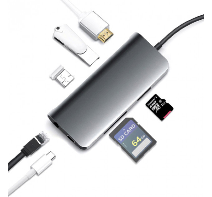 Концентратор Prologix USB3.1 Type C to HDMI+2*USB3.0+PD+Lan+TF+SD (PR-WUC-105B)