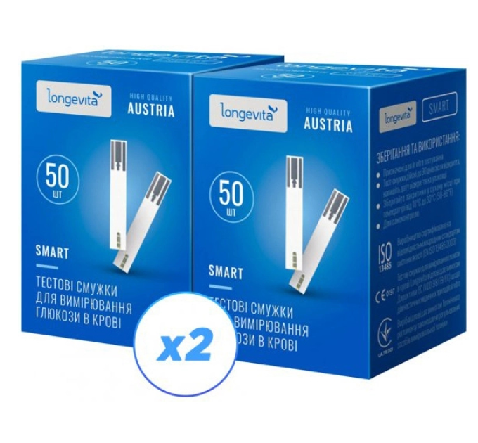 Longevita Тестові смужки для вимірювання глюкози в крові Longevita Smart 100шт. (2*50)