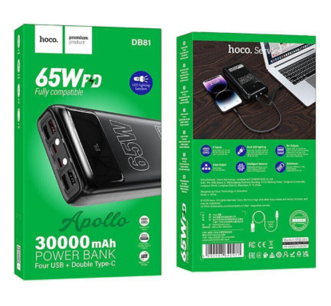 HOCO Батарея універсальна HOCO 30000mAh Apollo PD/65W QC/3.0 Black (DB81 / 714720)