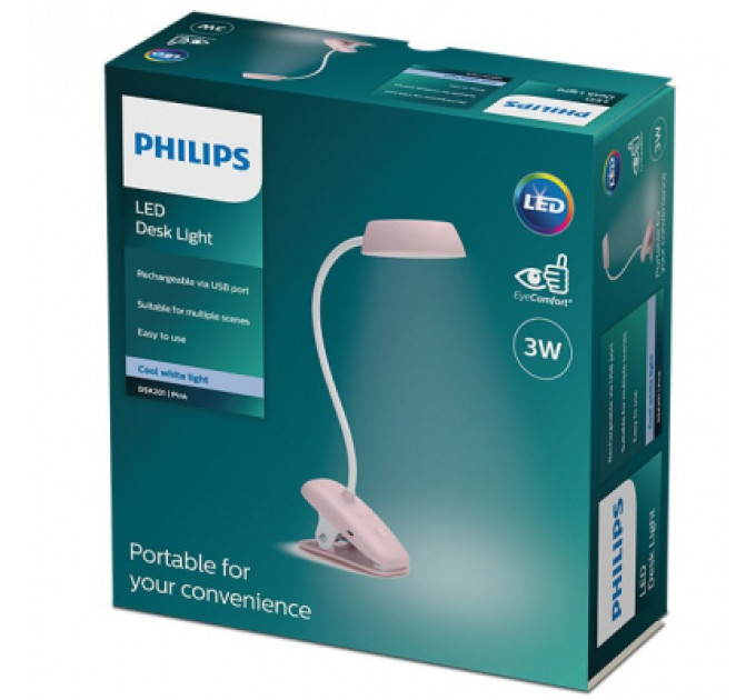 Настільна лампа Philips LED Reading Desk lamp Donutclip 3W, 4000K, 1200mAh (Lithium battery), рожевий (929003179627)