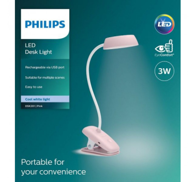 Настільна лампа Philips LED Reading Desk lamp Donutclip 3W, 4000K, 1200mAh (Lithium battery), рожевий (929003179627)