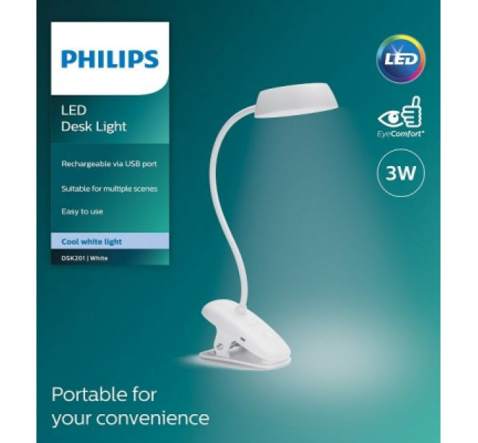 Настільна лампа Philips LED Reading Desk lamp Donutclip 3W, 4000K, 1200mAh (Lithium battery), білий (929003179727)