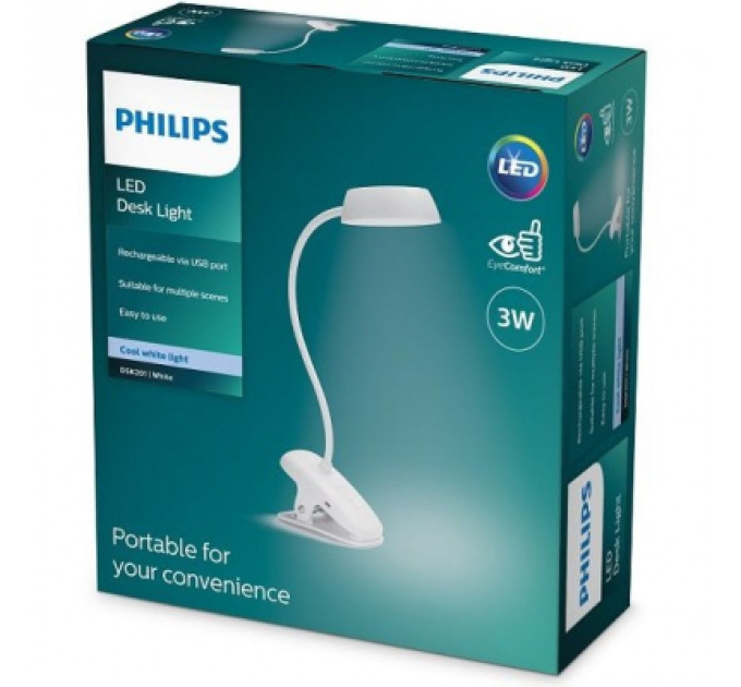 Настільна лампа Philips LED Reading Desk lamp Donutclip 3W, 4000K, 1200mAh (Lithium battery), білий (929003179727)