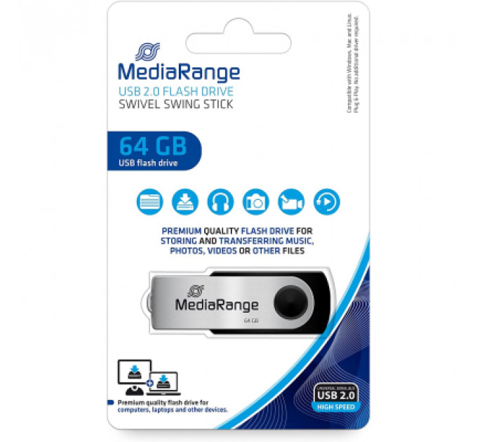 USB флеш накопичувач Mediarange 64GB Black/Silver USB 2.0 (MR912)